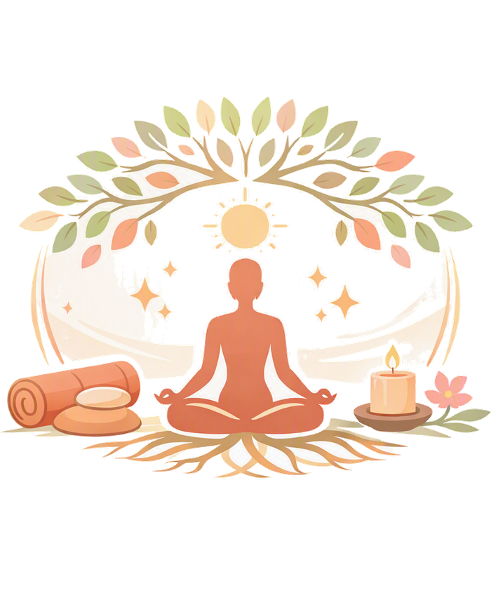 Silhouette en méditation sous un arbre stylisé, entourée d'accessoires de pratiques corporelles