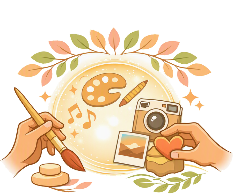 Mains tenant un pinceau, une palette et un appareil photo, symboles des projets artistiques