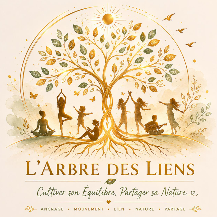 Illustration de l'Arbre des Liens : un arbre doré entouré de silhouettes en mouvement, accompagnée de la devise « Cultiver son Équilibre, Partager sa Nature »